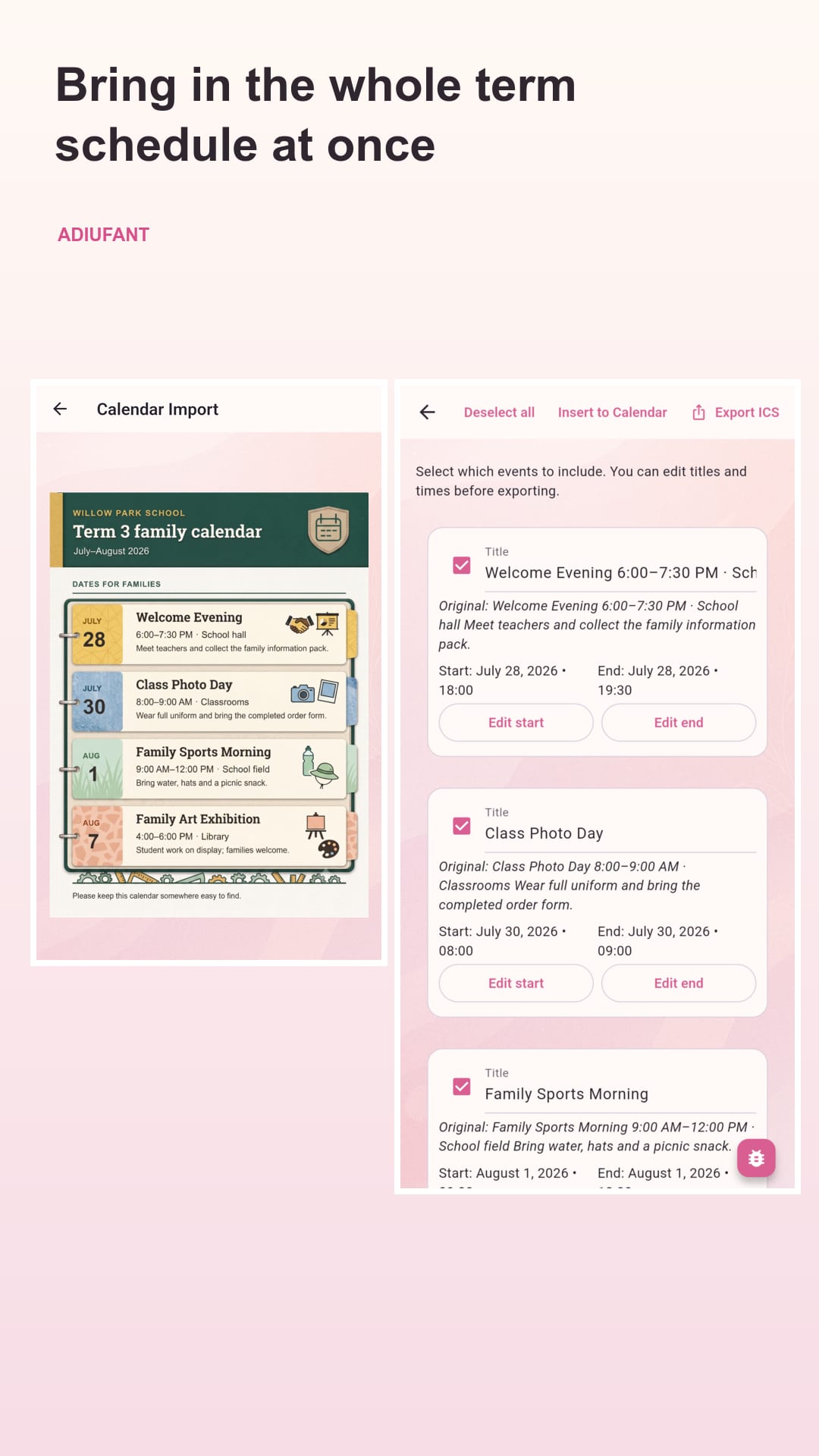Import whole school term schedules