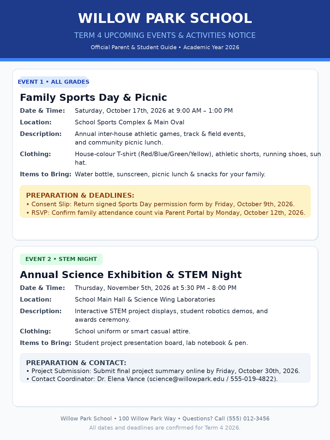 Willow Park School notice: Sports Day on 17 October and STEM Night on 5 November 2026, with consent, RSVP and project deadlines.